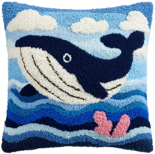 Henypt Kit Point Noué Coussin, animal baleine Crochet de Verrouillage Kits de Coussins avec Crochet, Tapis Point Noué à Faire, 43x43cm