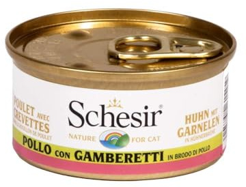 Schesir, Cibo Umido per Gatti Adulti Pollo Gamberetti, in Brodo - (24 Lattine da 70g)
