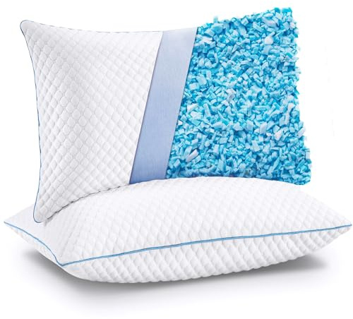 VVZ Cooling Bed Pillows Queen Size Set of 2, Shredded Memory Foam Pillows for Side Back Stomach Sleepers, Luxury Cool Gel Adjustable Firm Bed Pillows for Sleeping 2 Pack Queen Size 20 x 30 Inches