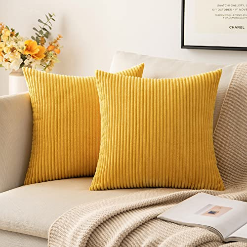 MIULEE Pack of 2 Decorative Soft Corduroy Throw Pillow Covers 18x18 Inch Mustard Yellow Cushion Case for Couch Bedroom Couch