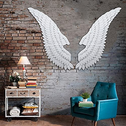 Decorazione da parete artistica con ali d'angelo in metallo, sculture in bassorilievo bianche, scultura murale realistica in stile vintage 3-D, set di 2 pezzi, da applicare a soggiorno, came
