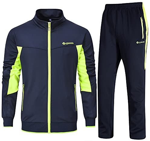 Rdruko Mens Tracksuits Sets Running Jackets Joggers 2 Piece Casual Sweatsuits Sports Lounge Wear Fluorescent Green and Navy L