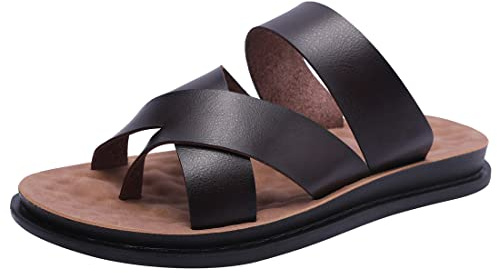 Harssindanzar Sandali da uomo,Estate Slip On Cross Straps Slide Sandali Toe Ring Style Outdoor And Indoor KM221EU,Marrone,taglia 46