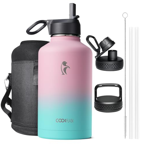 Coolflask Insulated Water Bottle 2L - 3 Lids with Straw & Spout & Handle, Leakproof Vacuum Stainless Steel Water Bottle for Sports, Travel, Gym, 48H Cold & 24H Hot, BPA Free, Ombré Pink-Blue