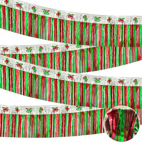 4 Pack 39Ft Christmas Parade Floats Foil Fringe, Each 10 ft x 15'' Red Green Silver Bells Tinsel Streamers Garland Banner Table Skirts for Christmas Trailer Car Homecoming Party (Bells 4 Pack)