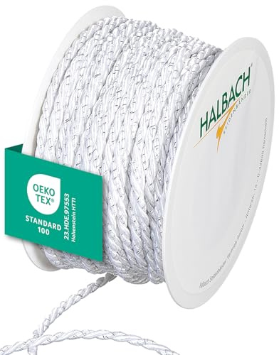 Halbach Seidenbänder Cordoncino bicolore di alta qualità, larghezza 4 mm, lunghezza 25 m, prodotto in Germania e certificato Öko-Tex, cordoncino in raso scintillante in acetato, colore: bianco/argento
