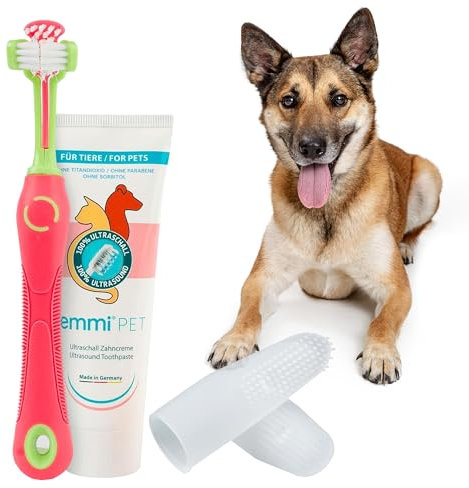 emmi-pet Zahnpflegeset für Hunde - 1x3köpfige Hundezahnbürste mit 1x Hundezahnpasta und 2x Fingerzahnbürste (Pink, Erwachsene - Senioren)