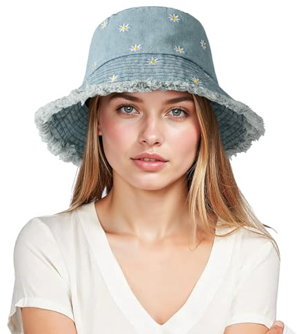 AYPOW Algodón Mezclilla Sombrero de Pescador Mujer,Plegable Bucket Hat Protección UV Sombrero de Sol Ligera al Aire Libre Gorra de Pesca, Moda Diario Bordado Margaritas Verano Playa Gorros