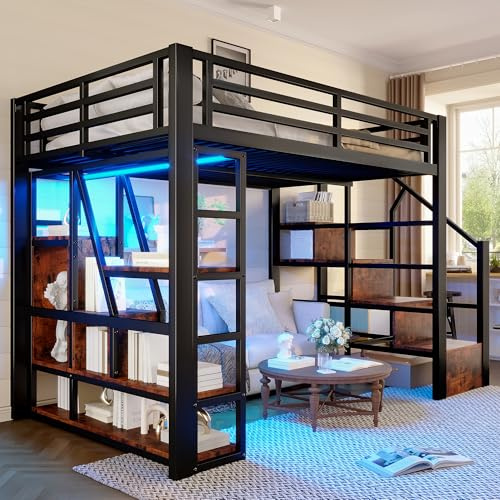 Lit mezzanine 140 x 200cm, avec éclairage LED et compartiment de rangement, lit mezzanine en fer avec marches monoblocs et rambarde, espace de rangement ouvert sous le lit,noir (matelas non inclus)