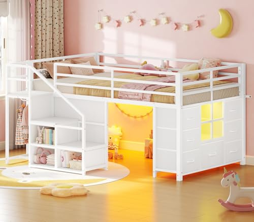 BTHFST Low Loft Bed with Stairs & LED Lights, Twin Loft Bed with 7 Storage Drawers & 3 Open Cubbies & Handy Clothes Rail, Kids Loft Bed with Safety Guardrail, Under-Bed Play Area, White