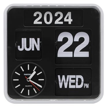 OUSEITECH Retro Modern Flip Desk Wall Clock, 9.45inch Square Calendar with Year Month Date Day Week Display, Dual Use Home Office Decor, No Battery Included (24cm white frame)