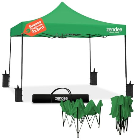 Zendea - Gazebo Verde 3x3 Pieghevole Impermeabile con Struttura Rinforzata e Copertura Oxford 600D PVC, Montaggio Rapido a Fisarmonica per Giardino ed Eventi, 4 Sacchi Stabilità Inclusi