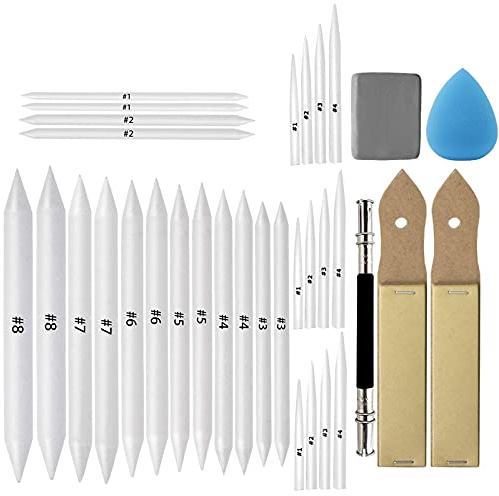 LIUNOVIP KOOTIKO - Juego de 33 piezas de difuminar tocones y tortillones con papel de lija para bocetos, sacapuntas, herramienta de extensión de lápiz, esponja de borrador amasada para estudiantes,
