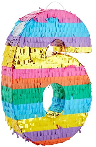 BLUE PANDA Rainbow Number 6 Pinata - Sturdy Corrugated Build & Easy Hang for Fiesta Party - Candy Filled 6th Birthday Party Surprise - Vibrant Tie-Dye Items for Kids - Small (16.5x11x3 In), Blue/White