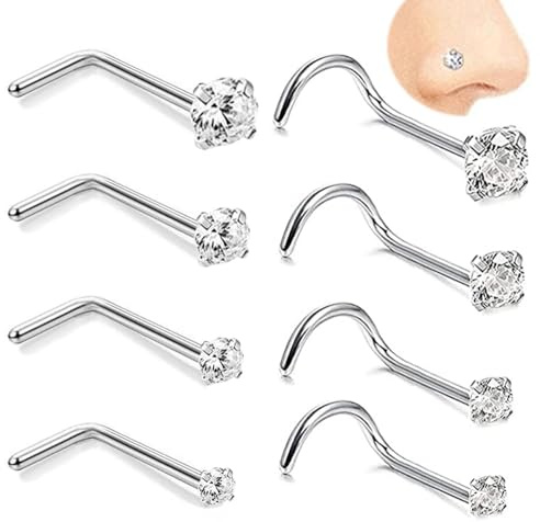 Vitaltyextracts 8pcs 20G Hypoallergenic Nose Screw Studs Round Diamond Surgical Steel Nose Rings Piercing Set