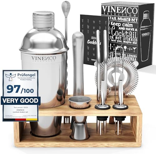 Cocktail Shaker Set mit Ständer & Rezeptbuch: Premium Edelstahl Bar Cocktailset Cocktailshaker Messbecher Strohhalme Barlöffel Stößel | Barkeeper Barset Cocktail-Zubehör Geschenk Frauen Männer