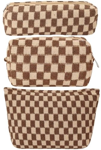 LYDZTION Large Capacity Makeup Bag Set - 3 Pieces Checkered Cosmetic Bag for Women Travel Makeup Bag Organizer Cute Makeup Brushes Storage Bag Travel Toiletry Bag Storage Bag for Women,Brown