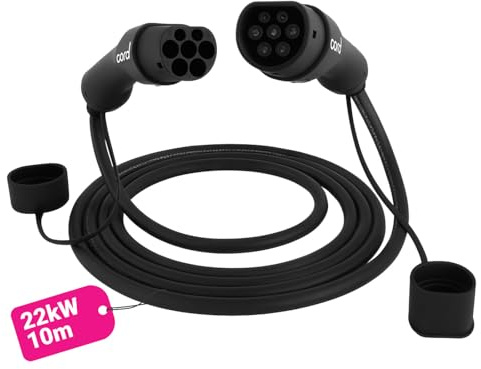 Cord Type 2 to Type 2 EV Charging Cable, 32amp, 22kW, 10 Metre, Three Phase, Black