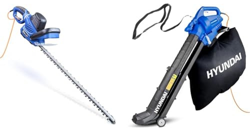 Hyundai 680w 610mm Corded Electric Hedge Trimmer Pruner, Rotatable Handle, 10m Power Cord & Leaf Blower, Garden Vacuum & Mulcher with Large 45 Litre Collection Bag, 12m Cable