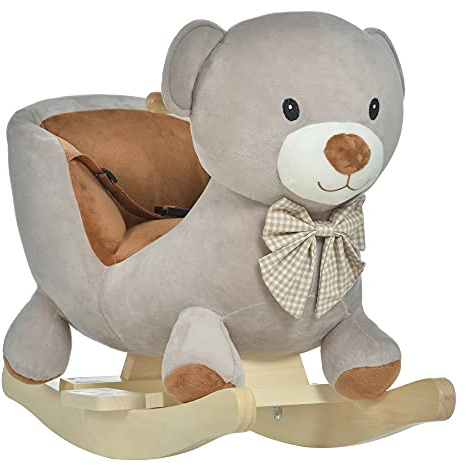 Qaba Kids Rocking Horse, Bear-Shaped Plush Toddler Ride on Horse with Sound, Wooden Base & Safety Belt for 18-36 Months, Gray