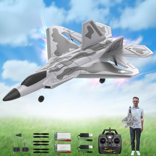 rcxsuv F22 Remote Control Airplane 4 Channel with Lights, 2.4G RC Fighter Plane with 6-axis Gyro Stabilizer for Beginner, RTF RC Plane 2 Batteries 37min Flight Time - 19in*14in