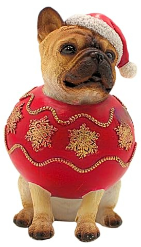 Cane decorativo, statuetta natalizia, statuetta di cane, decorazione a forma di cavallo, statuetta di animali, carlino con decorazione natalizia in ceramica, marrone con abito rosso e berretto a punta