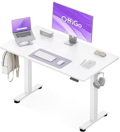 OffiGo Standing Desk, 120x60cm Height Adjustable Desk with 2 Memory Presets | Quiet Electric Sit Stand Desk for Home Office Bedroom Living Room, Ergonomic Computer Desk with Hooks & Cable Holes, White