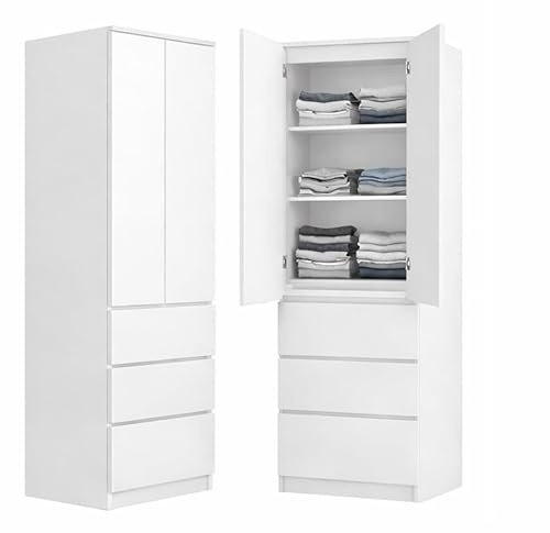 BDW - Armoire étroite - Armoire à vêtements avec tiroirs - 50 cm de Large, 180,5 cm de Haut - Armoire de Rangement, Armoire Polyvalente pour Chambre à Coucher, Couloir - Donald Blanc