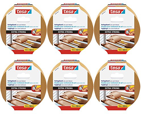 tesa 6 Stück doppelseitiges Verlegeband/Extra stark klebend - für alle Teppiche und PVC Beläge/Für Fußbodenheizung und feuchte Räume geeignet / 50mm x 25m