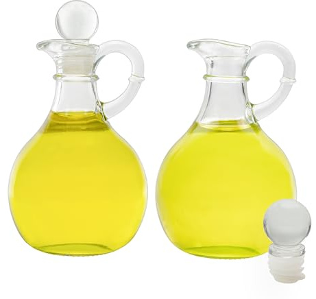 Cornucopia Brands Glass Oil and Vinegar Cruets (Set of 2); 8oz Round Oil Dispensers / Salad Dressing Bottles with Stoppers
