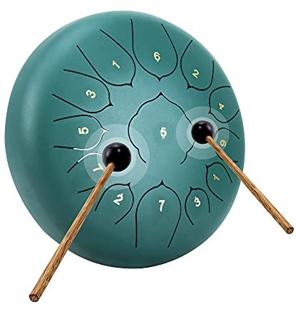 Coolmusic Steel Tongue Drum 12 Zoll 13 Töne, 30,5 cm, Zungentrommel Schlagzeug Anfänger, Handpantrommel mit Tasche, Musikbuch, Schlägel, Fingerplektren (Grün)