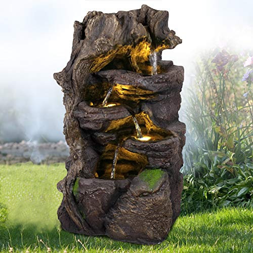 Gartenbrunnen Brunnen Zierbrunnen Zimmerbrunnen Springbrunnen Brunnen Wasserfall Wasserspiel für Garten, Gartenteich, Terrasse (230V - Gartenbrunnen WALDZWERG mit LED-Licht)