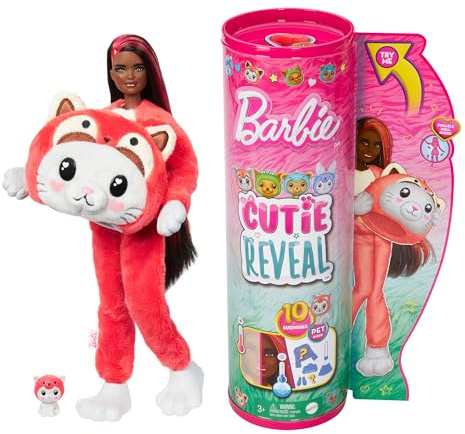 Barbie Coffret Cutie Reveal Avec Poupée Articulée Cheveux Noirs Mèches Rouges, Chaton Panda, 10 Surprises Et Accessoires Inclus, À Collectionner, Jouet Enfant, A Partir De 3 Ans, HRK23