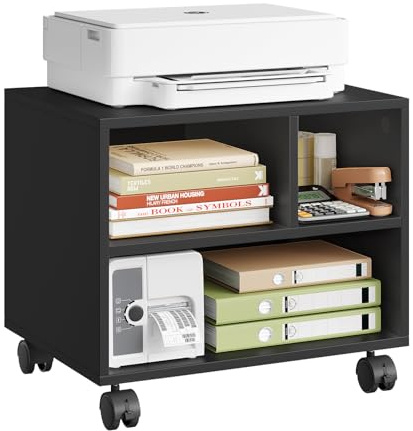WOLTU Carrello Porta Stampante con 3 Scomparti Aperti, Mobiletto con Ruote, Supporto per Stampante in Legno, Classificatore per Documenti, Studio, Ufficio, 40x30x35cm, Nero, ASK06sz