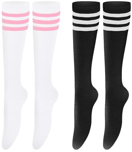 JTMKYO Lot de 2 Paires de Chaussettes Rayées Hautes pour Filles, Noir et Blanc, Medium/Large