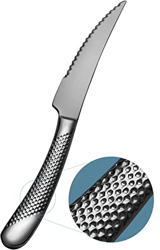 Xideman® Innovativ ultraskarp 2-i-1 räfflad smidd kniv för middag och biff. 6 delar set med högkolhaltigt rostfritt stål biffkniv, 23 cm hamrade solida handtag middagsknivar. (svarta)