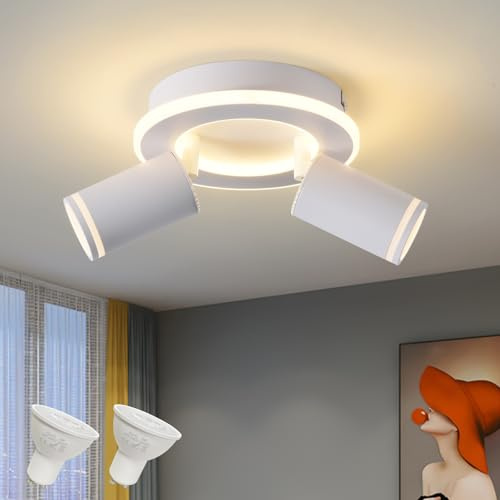 SANSHI Orienterad rund takspotlight, 2 LED-spotlights 350° svängbara lampor, modern belysning 15 W + 2 x 5 W GU10, varmvit 3 000 K väggspotlight för kök och vardagsrum