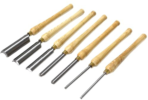 Lot de 7 burins de tournage à bois – Lames en acier HSS de qualité supérieure avec poignées en hêtre et viroles en laiton – Gouges de bol et outils de tournage du bois