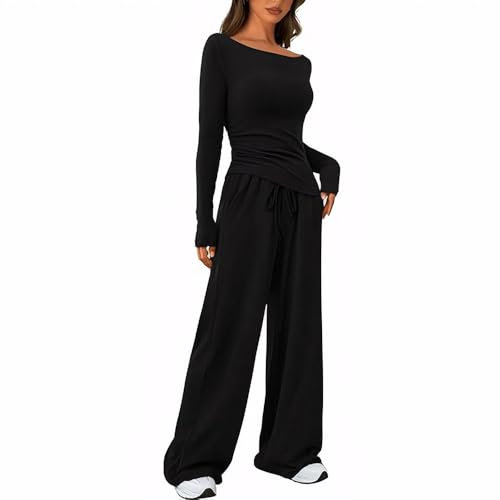 KOEMCY Zweiteiler Damen 2 Stück Lounge Jogginganzug Langärmeliges Oberteile und Weites Bein Hose mit Taschen Casual Outfit Fitness Sportkleidung Set (Schwarz/S)