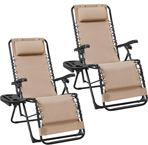 Abician Transat en Textilène avec Plateau Amovible, Lot de 2 Chaise Longue Pliante de Zéro Gravité Inclinable, Fauteuil Relax pour Bain de Soleil Piscine Jardin Terrasse, Charge 114kg Beige