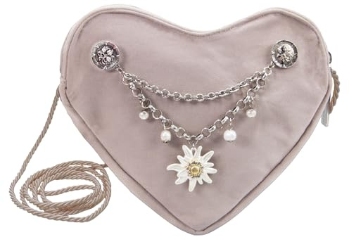 Alpenflüstern Herztasche Strass-Edelweiß Greta Charivari - Damen Trachtentasche in Herzform, Schultertasche fürs Dirndl, Herz Handtasche zur Tracht, Dirndltasche (taupe-grau) DTA104