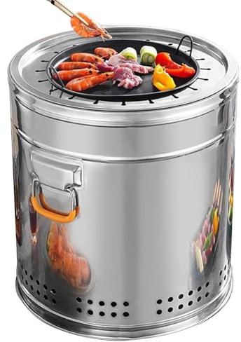 WPWSDWMX Horno Vertical, Ahumar Carbón, Parrilla de Barril de Acero Inoxidable de 360°, Parrilla sin Humo con Placa Antiadherente y Rejilla(34 * 38cm)