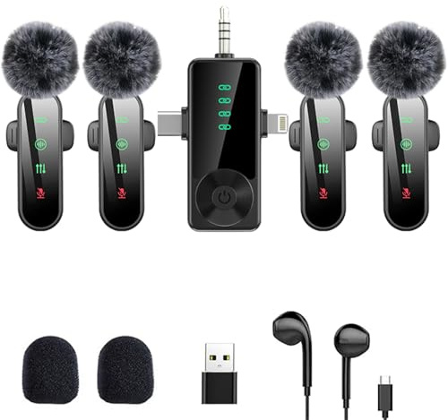 3 in 1/Four in one Wireless Lavalier Microphone for iPhone,iPad,Android,Camera,computer,mini Noise Reduction Recording Mic Ultra-Low Delay,for Vlog/ TikTok/YouTube Live Stream (Upgrade 4mic)