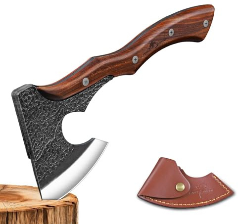 Purple Dragon Beil Axt Outdoor, Axt Holz Spalten, Spaltaxt für Holz, Handgeschmiedete Camping Axt aus Kohlenstoffstahl mit Holzgriff und Lederscheide für Survival und Wandern Geschenk für Männer