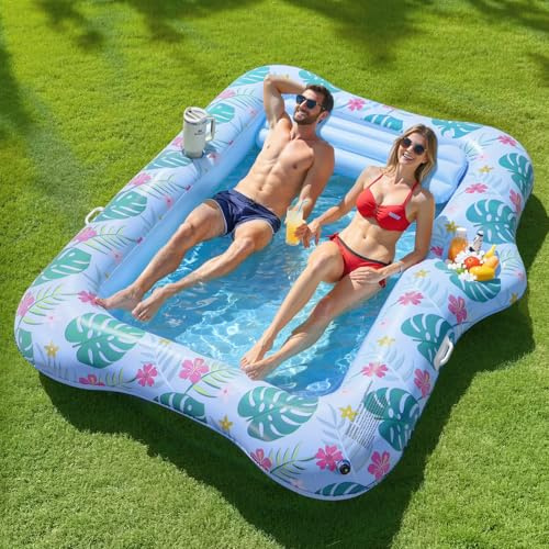 MoKo Pool Floats Adult, 84 x 58 Large Floating Bed with Ice Bar, Tanning Chair Inflatable Lounger with Drink Holder Pool Raft Tanning Bed Inflatable Pool Toys for Party Beach, Light Blue&Color Print