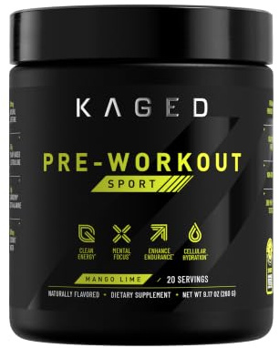 Kaged Sport Pre Workout Powder for Men & Women, Mango Lime, Sport Certified, 188mg Caffeine, Nitric Oxide Supplement, Beta Alanine for Energy, Weightlifting, Cardio Endurance & Strength, 20 Servings