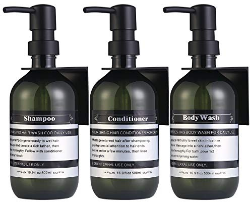 SOOKDEO Spenderflasche Badezimmer Küche nachfüllbar Shampoo Spülung Handspülmittel Lotion Öl Duschseife Flaschen mit Pumpe und Wasserdichten Etiketten, 500ml, 3 Stück (Grün, Mit Wandhalterungen)
