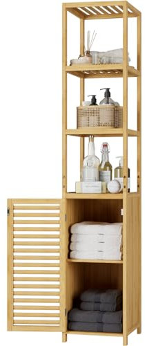 FOREHILL Hochschrank Badezimmerschrank Badregal aus Bambus schmales Badschrank Badmöbel mit 3 Ablagen Standregal für Bad, Küche, Flur 169x34x33cm Natur