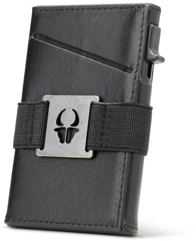 DONBOLSO Slim Wallet Las Vegas I Minimalistisches Kartenetui I Kompaktes Herren Portemonnaie aus Leder I RFI Schutz I Push Up Kartenhalter mit Vordertasche für Cash & Scheine Riemen - Nappa SchwarzDon