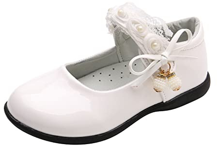 Scarpe da principessa, per bambini, da ballo, per ragazze, in pelle, per feste, ballerine, scarpe da balletto, scarpe da battesimo, eleganti, bianco, 34 EU